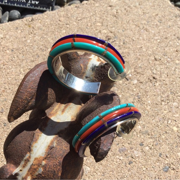 Vintage Native American - Turquoise, Coral & Lapis - Hoop Earrings - Picture 8 of 16